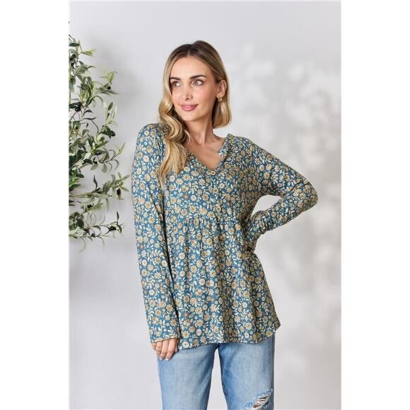 Heimish Full Size Floral Half Button Long Sleeve Blouse - Picture 6 of 10